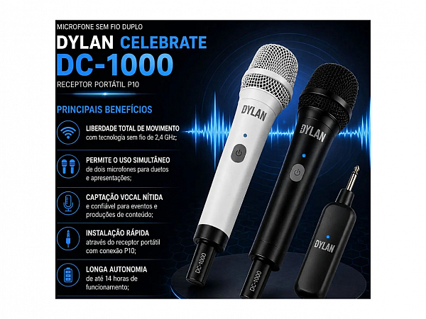 MICROFONE SEM FIO DYLAN CELEBRATE DC-1000 MAO DUPLO BAT RECARREGAVEL