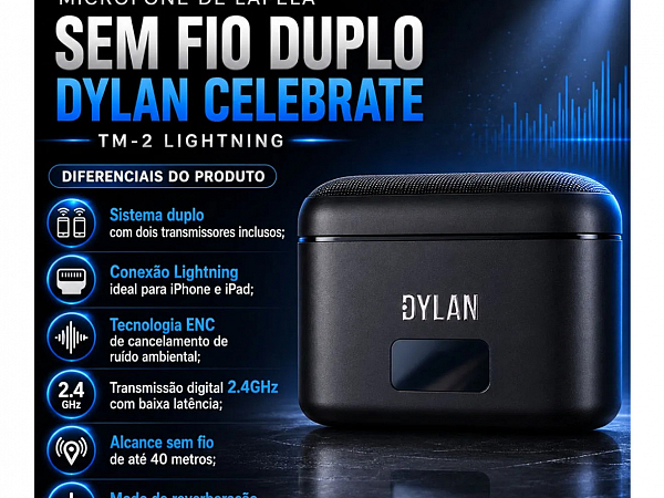 MICROFONE SEM FIO DYLAN CELEBRATE LAPELA DUPLO TM-2 USB-C