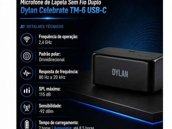 MICROFONE SEM FIO DYLAN CELEBRATE LAPELA DUPLO TM-6 USB-C / CAMERA