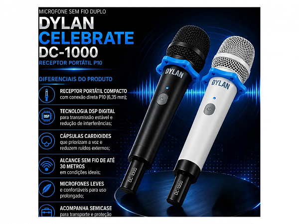 MICROFONE SEM FIO DYLAN CELEBRATE DC-1000 MAO DUPLO BAT RECARREGAVEL