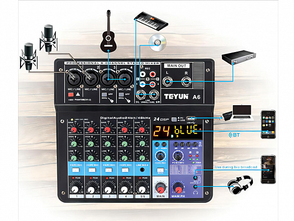 MESA TEYUN 6 CANAIS EF/EQ A6 - BLUETOOTH - USB