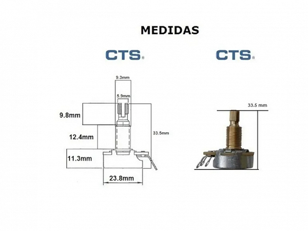 POTENCIOMETRO CUSTOM SOUND CTS A500K LOGARITIMO 24 mm DIAMETRO