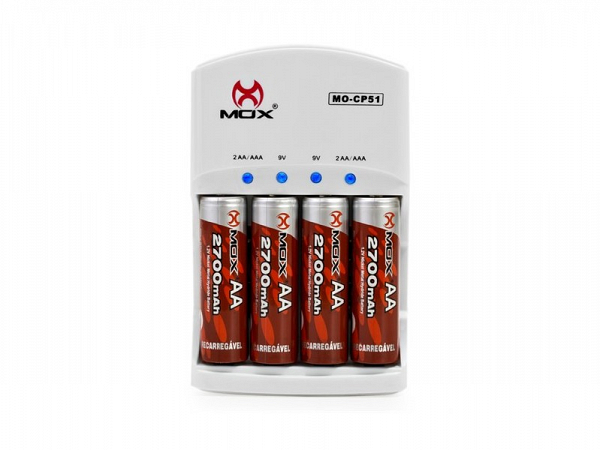 CARREGADOR MOX MOCP51 C/4 PILHAS AA2700 MAH