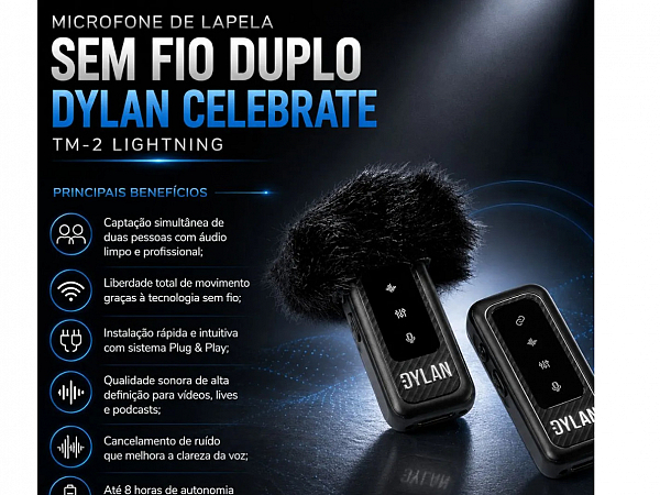 MICROFONE SEM FIO DYLAN CELEBRATE LAPELA DUPLO TM-2 USB-C